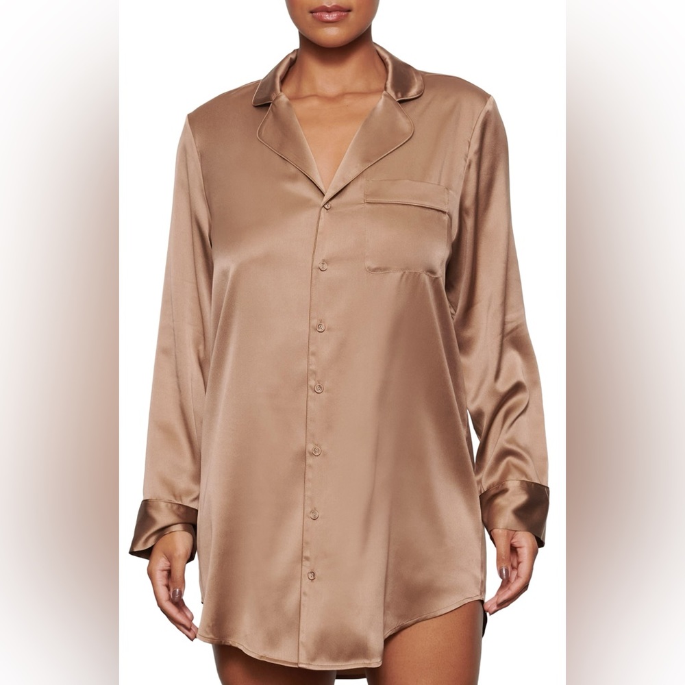 Skims Stretch Silk sleep gown in chocolate brown.